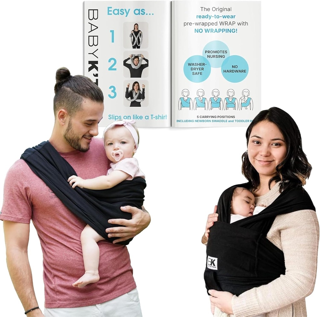 Original Baby K'tan Baby Carrier: #1 Easy Pre-Wrapped, Soft, Slip-On, No Rings, No Buckles | 5 in 1 Baby Sling Gift | The Best Hands Free Infant Wrap | Black | Small (One Size)