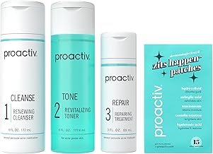 Proactiv 3 Step Acne Treatment w/ Pimple Patches - Benzoyl Peroxide Face Wash, Repairing Acne Spot Treatment for Face and Body, Exfoliating Toner - 90 Day Complete Acne Skin Care Kit + Pimple Patches (One Size)