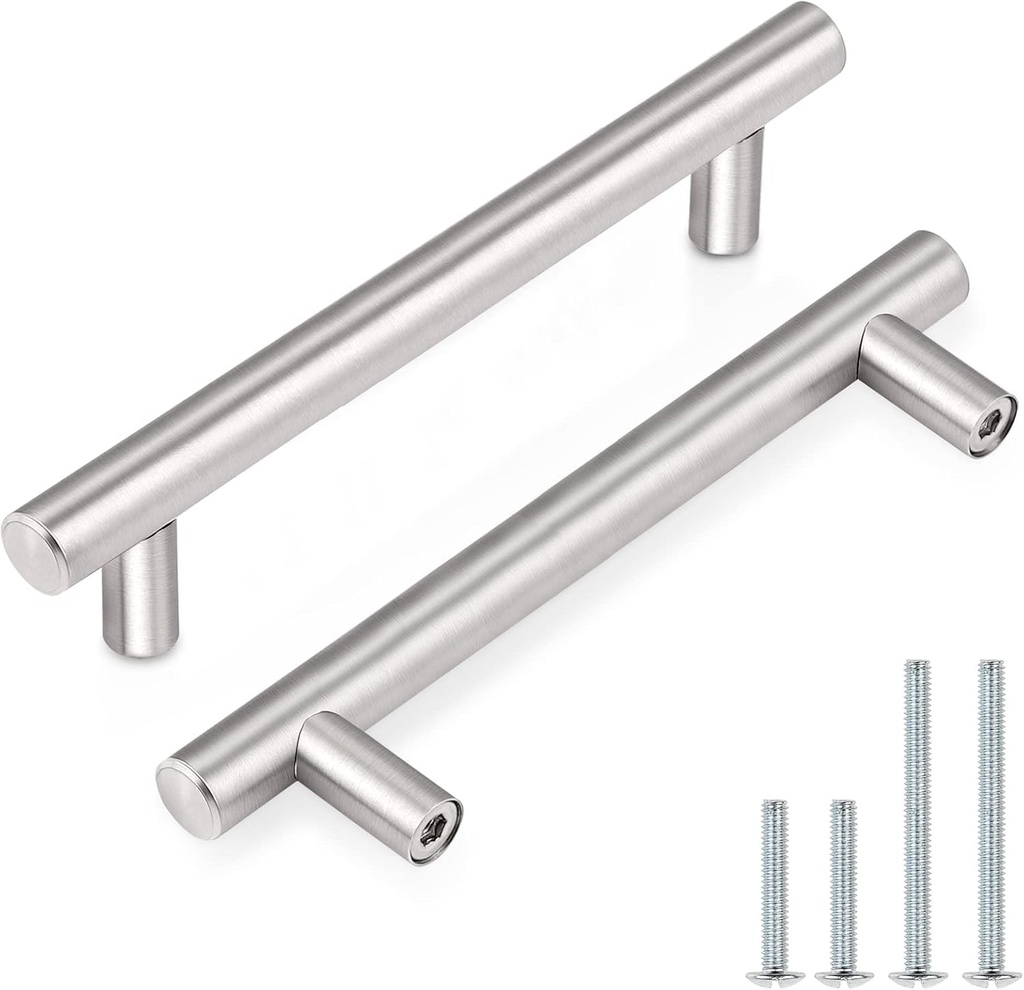 Probrico 30 Pack|4 Inch Hole Centers Satin Nickel Cabinet Handles, Euro Style Drawer Pulls, Stainless Steel Modern Round T Bar Kitchen Cabinet Pulls, Cabinet Hardware for Bathroom Bedroom (One Size)