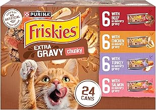 Purina Friskies Extra Gravy Wet Cat Food Chunky 24ct Variety Pack (With Chicken, Turkey, Salmon, Beef) - (Pack of 24) 5.5 oz. Cans (One Size)