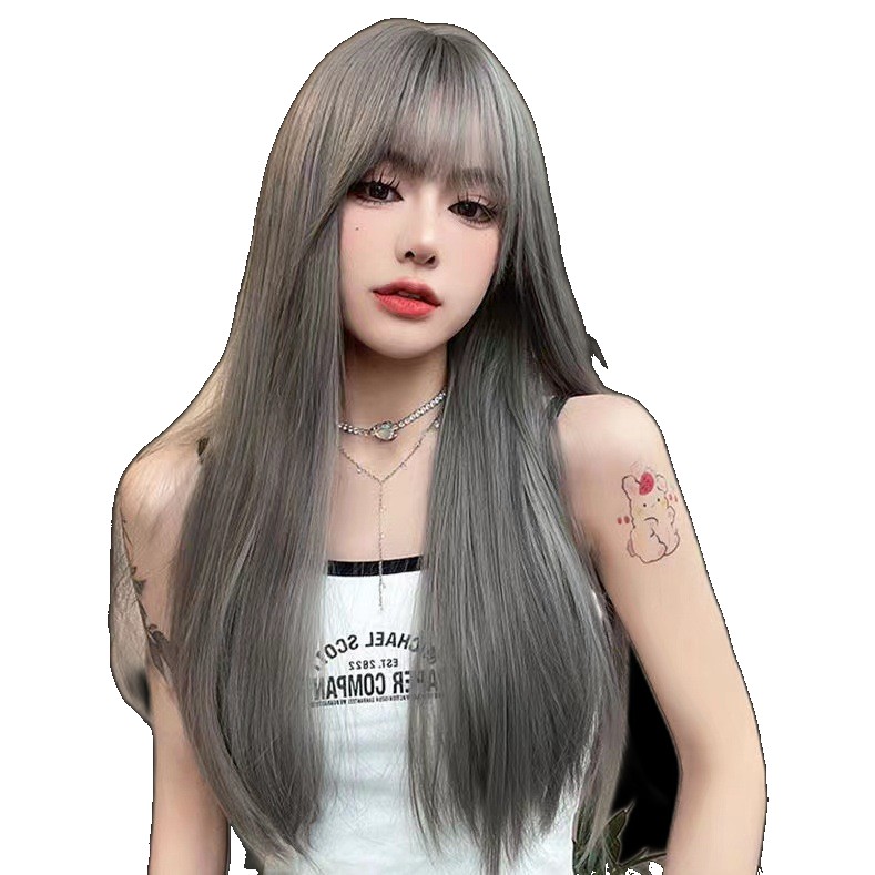 Qi bangs Internet celebrity pure lust style black long straight hair natural wig female full headset platinum Barbie Barbie (One Size)