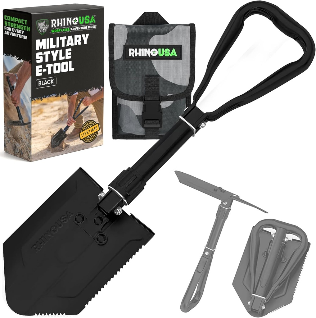 RHINO USA Folding Survival Shovel w/Pick - Heavy Duty Carbon Steel Military Style Entrenching Tool for Off Road, Camping, Gardening, Beach, Digging Dirt, Sand, Mud & Snow. (One Size)