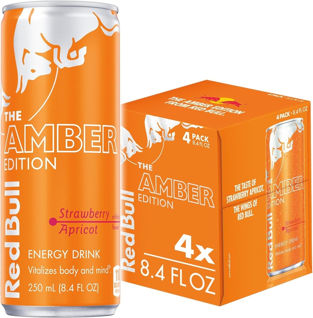Red Bull Amber Edition Energy Drink, Strawberry Apricot, with 80mg Caffeine plus Taurine & B Vitamins, 8.4 Fl Oz, Pack of 4 Cans (One Size)