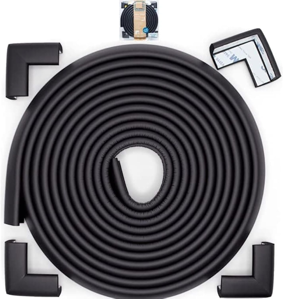 Roving Cove Slimfit Corner Edge Protector for Baby Proofing (Small 15ft Edge 4 Corners), Furniture Safety Bumper Guard, Soft NBR Rubber Foam, 3M Adhesive, Onyx Black (One Size)