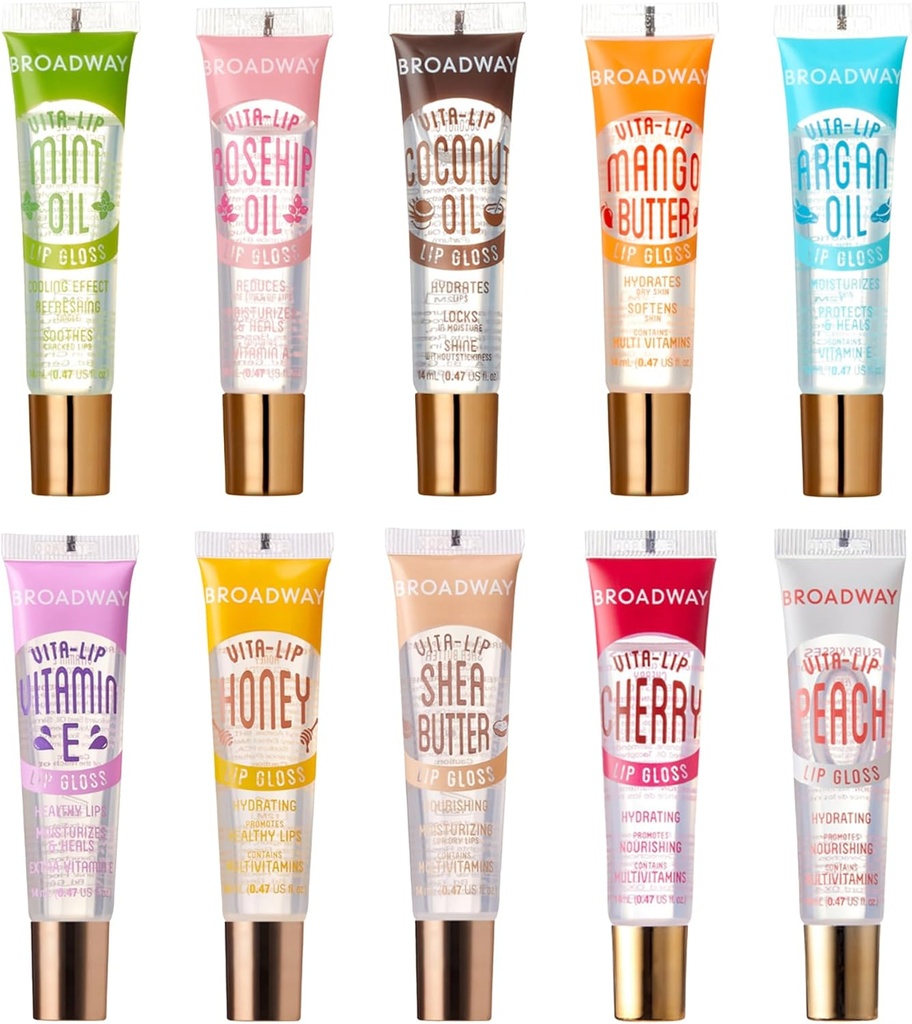 ruby kisses broadway vita-lip clear lip gloss 10 pack hydrating soothing formula with vitamin high-shine non-sticky lip balm with mint rosehip coconut mango argan honey shea cherry peach (One Size)