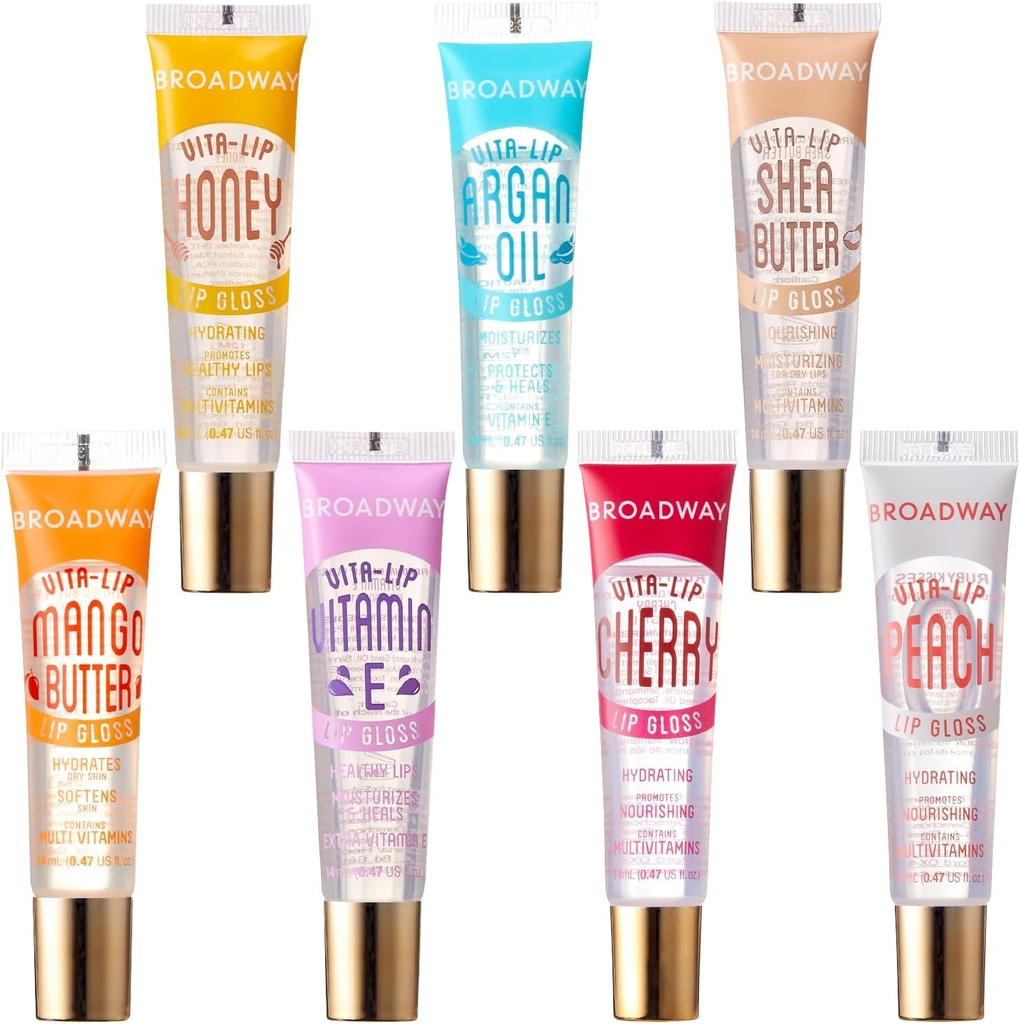 Ruby Kisses Broadway Vita-Lip Clear Lip Gloss (7 Pack) Ultra-Hydrating & Soothing Formula with Vitamins, High-Shine Non-Sticky Finish Lip Balm with Honey, Argan Oil, Shea, Mango Butter, Cherry, Peach (One Size)