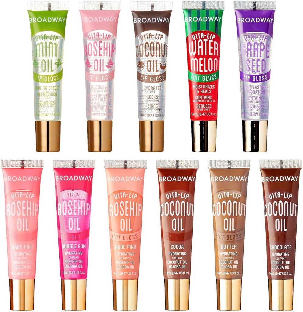 Ruby Kisses Broadway Vita-Lip Tinted & Clear Lip Gloss Set (11 Pack) Ultra-Hydrating & Soothing Formula with Vitamins, High-Shine Non-Sticky Lip Balm with Rosehip+Coconut Oil, Pink & Brown Shades (One Size)