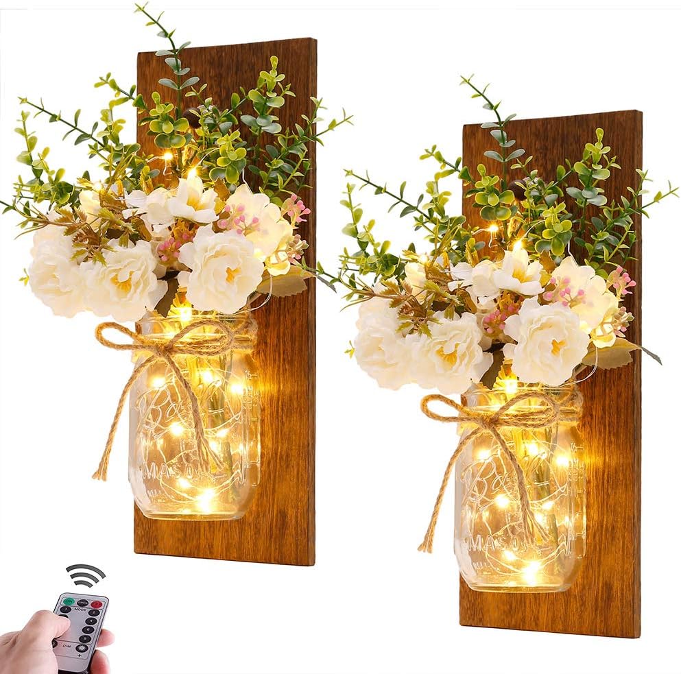 home decoration rustic wall sconces mason jar sconces handmade wall art hanging design with remote control led fairy lights and white peony christmas decor gift farmhouse wall home decor living room l (One Size)