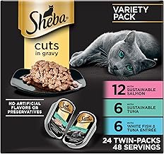 Sheba Perfect Portions Wet Cat Food Cuts in Gravy, Cat Food Wet Recipe, Sustainable Salmon, Tuna, White Fish and Tuna Entree, 2.6 oz. Twin-Pack Trays (24 Count, 48 Servings) (One Size)