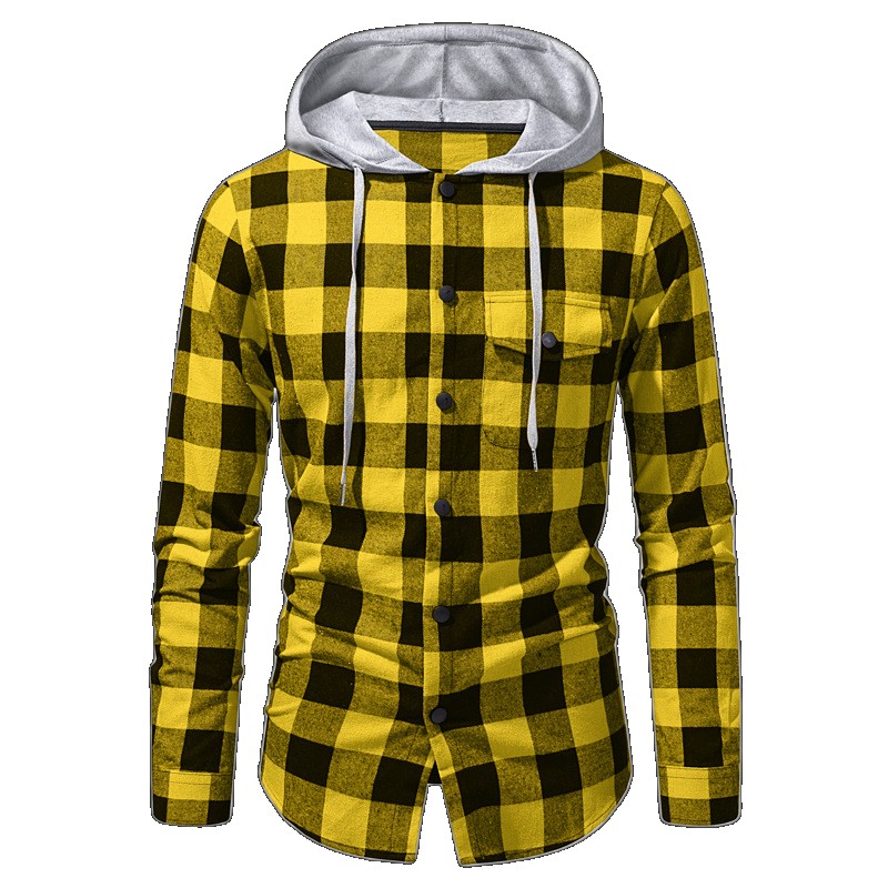 Shiying men's plaid jacket shirt coat autumn new hooded all-match fashion single-breasted outerwear outerwear (One Size)