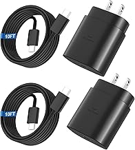 手机配件 super fast charger type c 25w usb c wall charger fast charging for samsung galaxy s26 ultra s26 s26 s25 ultra s25 24 ultra s24 s23 ultra s22 ultra with 10ft long android type c charger cable 2pac (One Size)