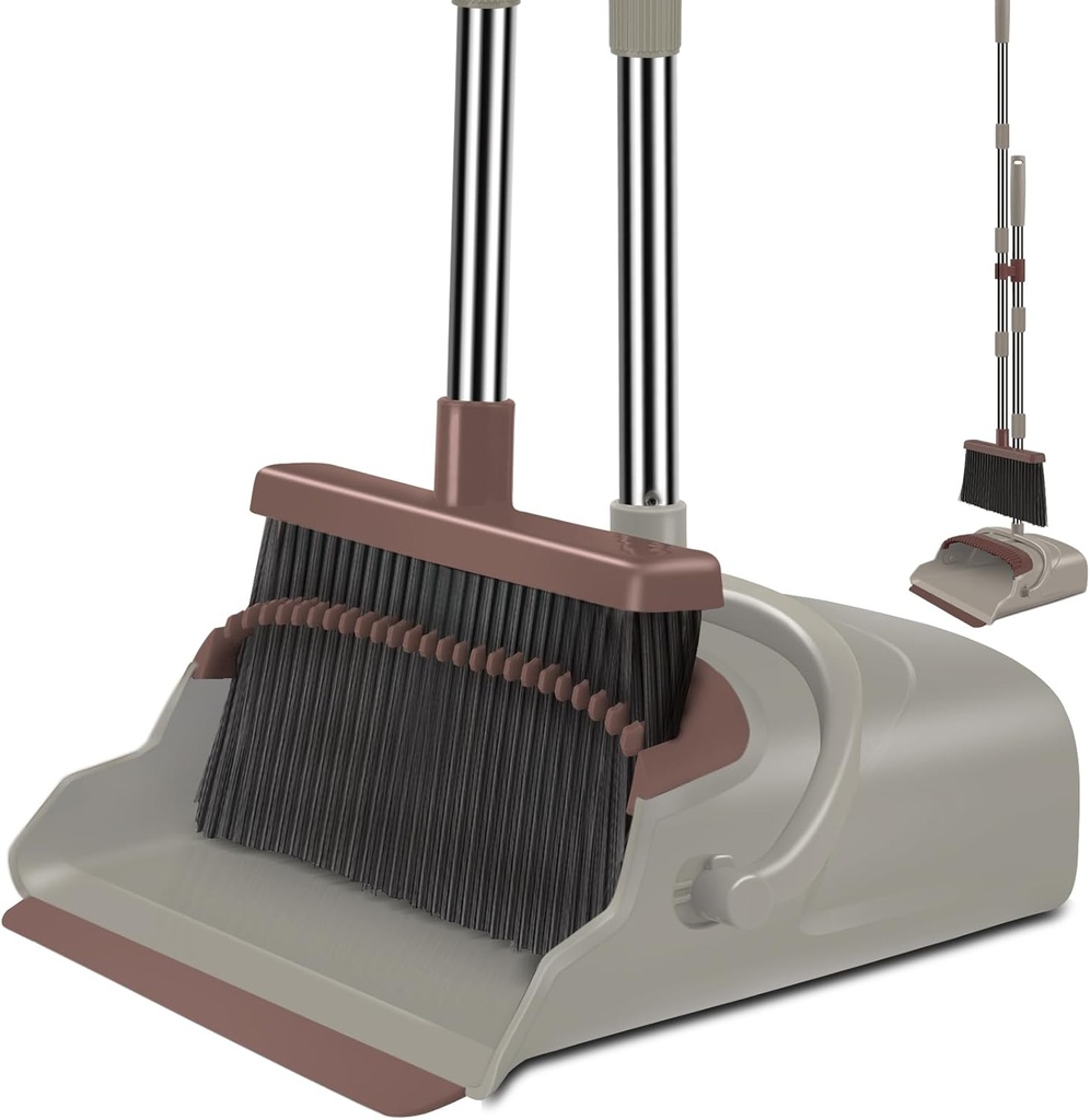 Upgrade Broom and Dustpan Set, Self-Cleaning with Dustpan Teeth, Ideal for Dog Cat Pets Home Use, Super Long Handle Upright Stand Up Broom and Dustpan Set (Brown) (One Size)
