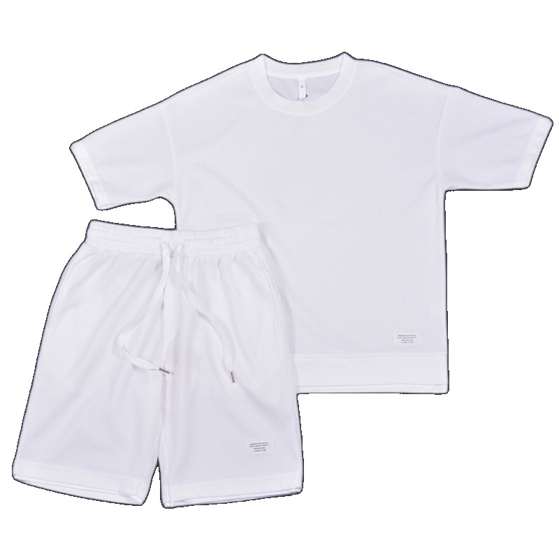 Waffle fake two-piece suit men's round neck T-shirt top five-point casual shorts sports trend spot wholesale wholesale (One Size)