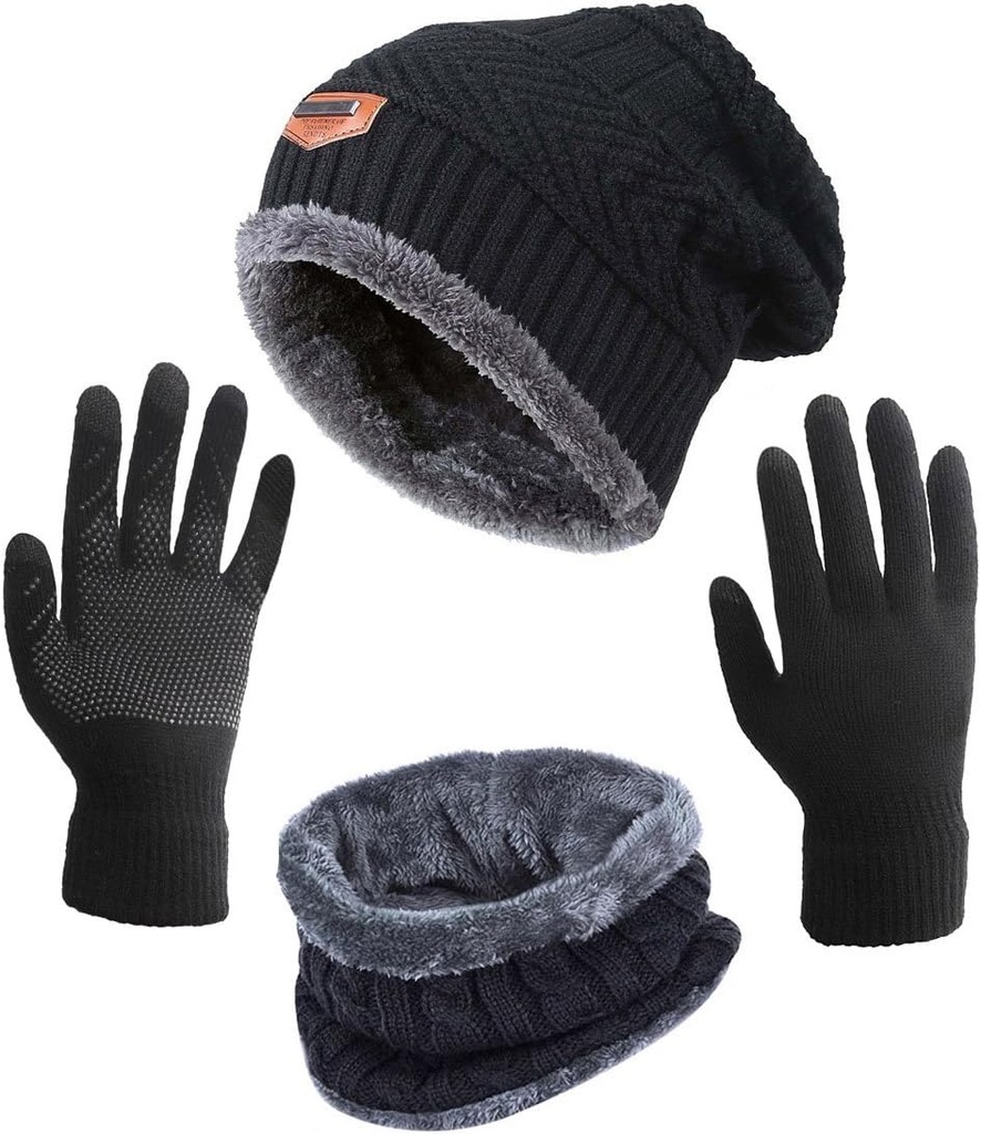 Winter Hat Scarf Gloves Slouchy Beanie Snow Knit Skull Cap Touch Screen Mittens Circle Scarves for Women Men (One Size)