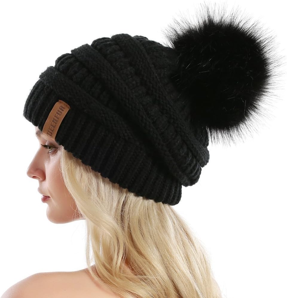 beanie hat women knit slouchy beanie chunky baggy hat with faux fur pompom winter soft warm ski cap (One Size)