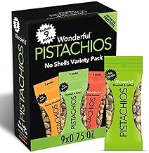 Wonderful Pistachios No Shells, 3 Flavors Mixed Variety Pack of 9 (0.75 Ounce), Roasted & Salted Nuts (4), Chili (3), Honey (2), Protein Snacks, Gluten Free, Healthy Snacks Variety Pack for Adults (One Size)