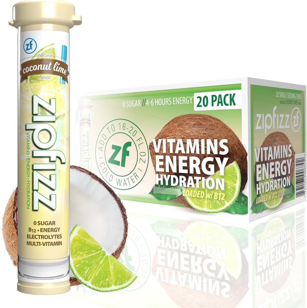 Zipfizz Daily Energy Drink Powder, Coconut Lime, 20 Pack | 3-in-1 Sustained Energy, Rapid Hydration, and Essential Vitamins | Sugar-Free | Electrolyte Powder | Contains Vitamin B-12 & Antioxidants (One Size)