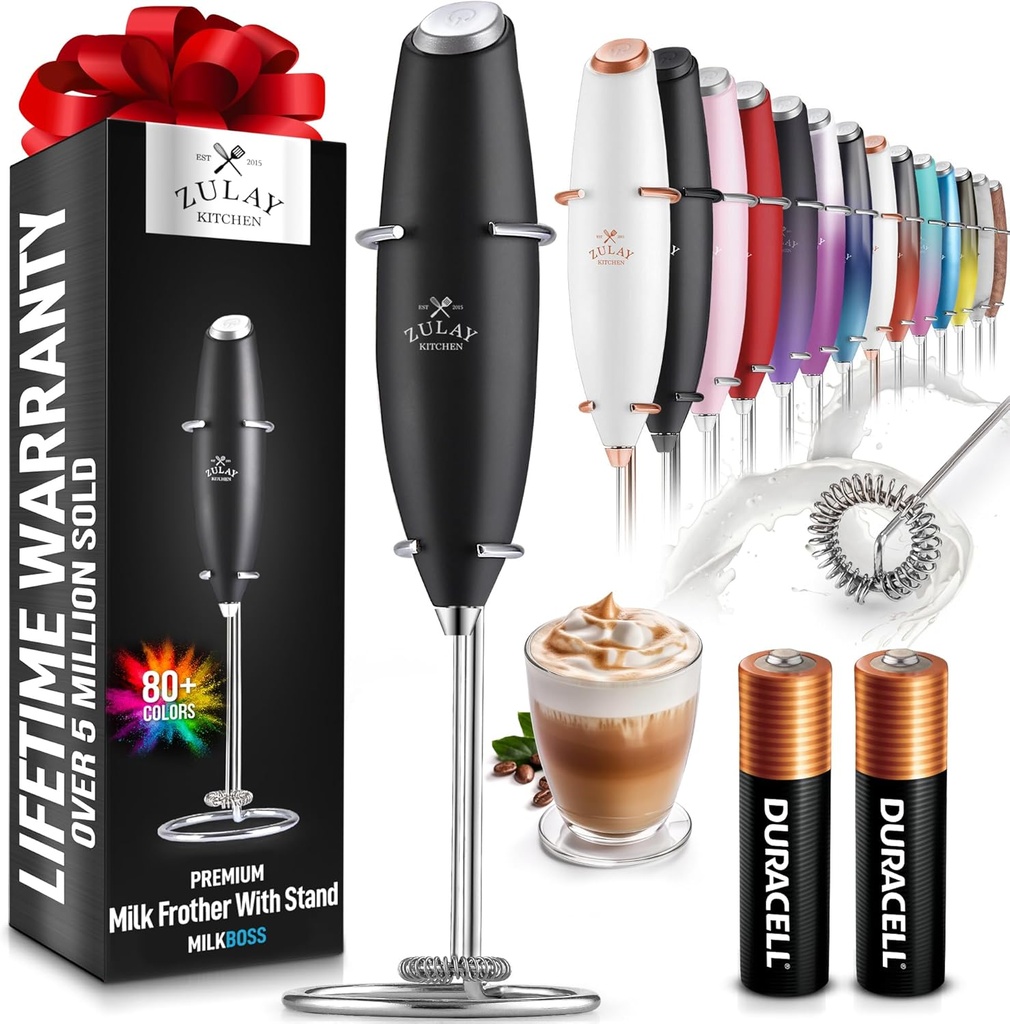 Zulay Original Milk Frother Handheld Foam Maker for Lattes - Whisk Drink Mixer for Coffee, Mini Foamer for Cappuccino, Frappe, Matcha, Hot Chocolate by Milk Boss (Black) (One Size)