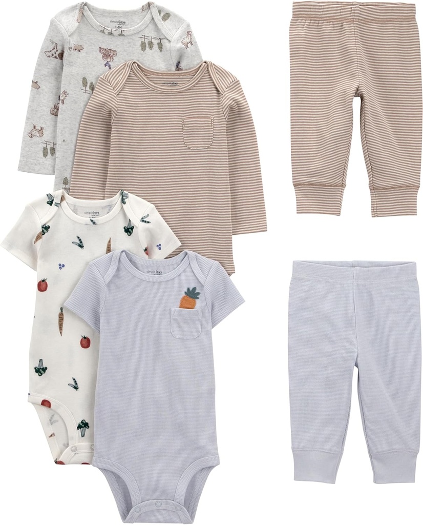 unisex-baby 6-piece Bodysuits (Short and Long Sleeve) and Pants Set (One Size)